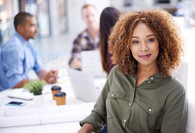 Buy stock photo Meeting, interior design agency and portrait of  business woman in creative office for teamwork, review or planning. Company, smile and female employee for collaboration, discussion or professional