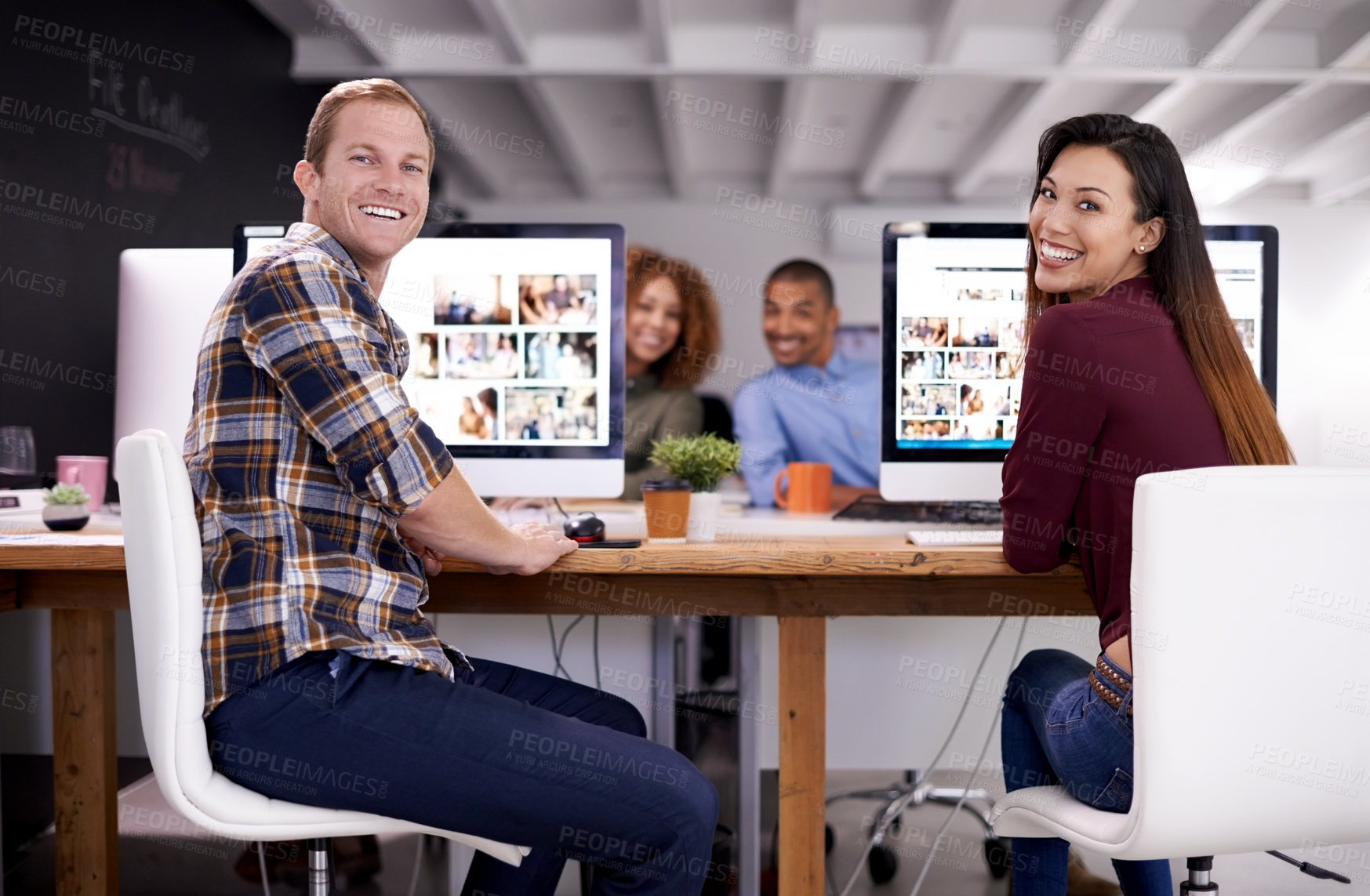 Buy stock photo Computer, portrait and business people in office at desk for support, creativity and project collaboration. Graphic design, diversity and happy group of employees for teamwork, synergy or confidence