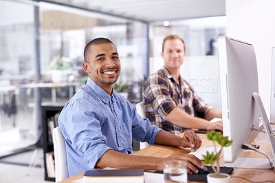 Buy stock photo Computer, portrait and businessmen in office at desk for support, creativity and project collaboration. Graphic design, diversity and happy employees for teamwork, synergy or confidence in workplace