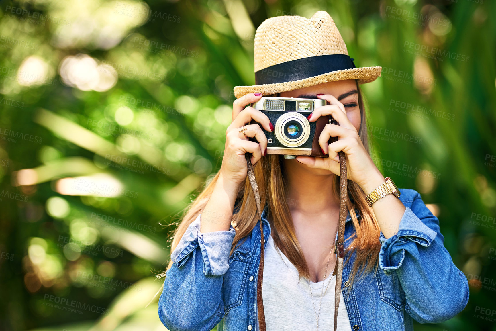 Buy stock photo Outdoor, nature and woman with camera, park and student of photography, bokeh and field project . Garden, summer and photographer with picture for travel, technology and digital for hobby in USA