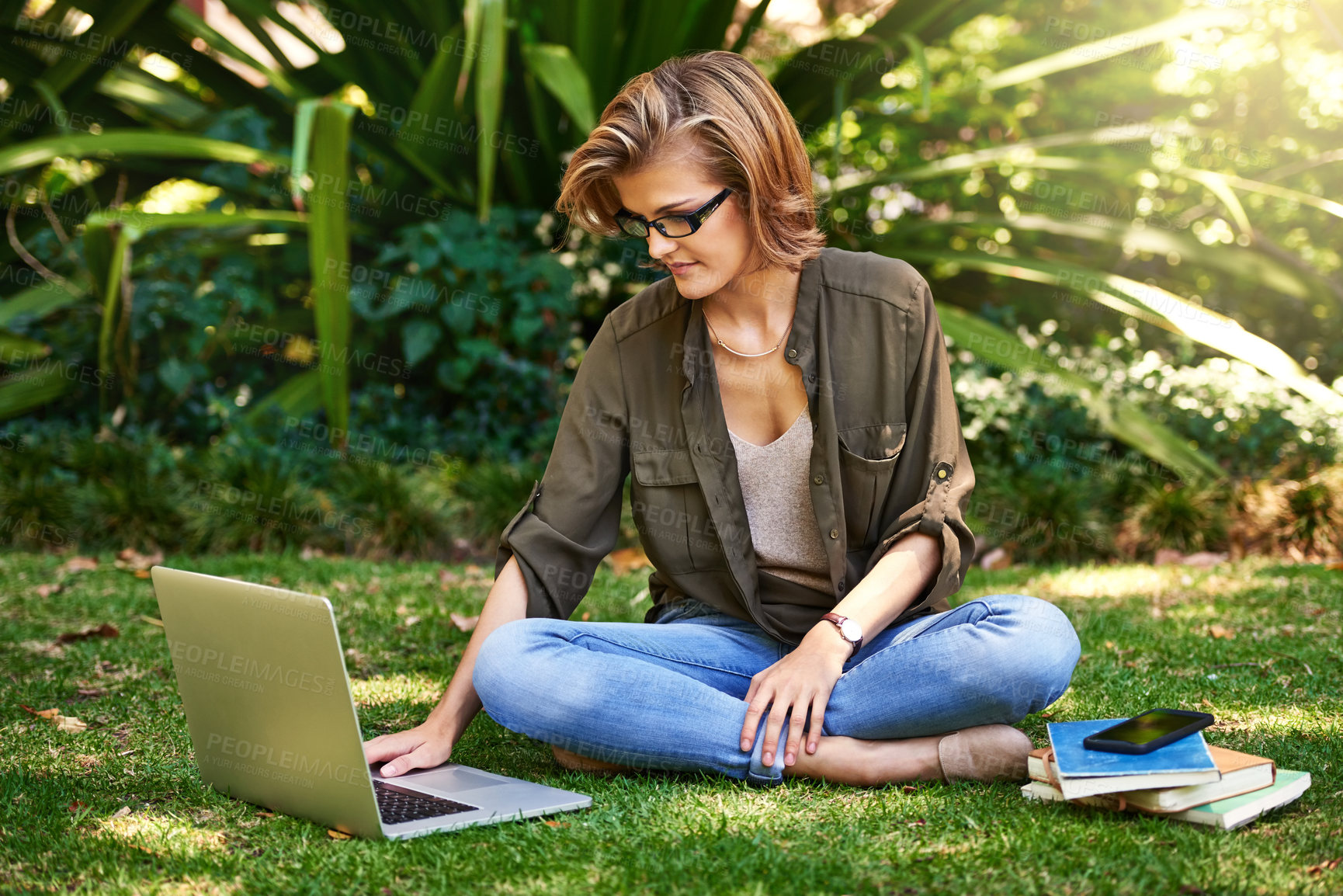 Buy stock photo Woman, typing and relax in garden with laptop for fresh air while content writing, article and remote work outdoor for creativity. Girl, technology and online for freelance copywriting and networking