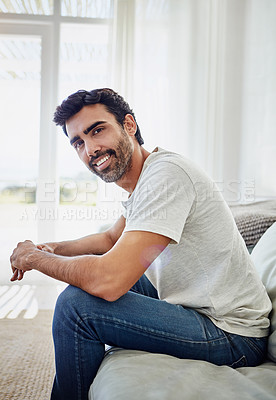 Buy stock photo Man, portrait and happy for relax on sofa with confidence, comfortable and weekend break in home. Person, smile and pride in living room of house for me time, rest and peaceful leisure in apartment