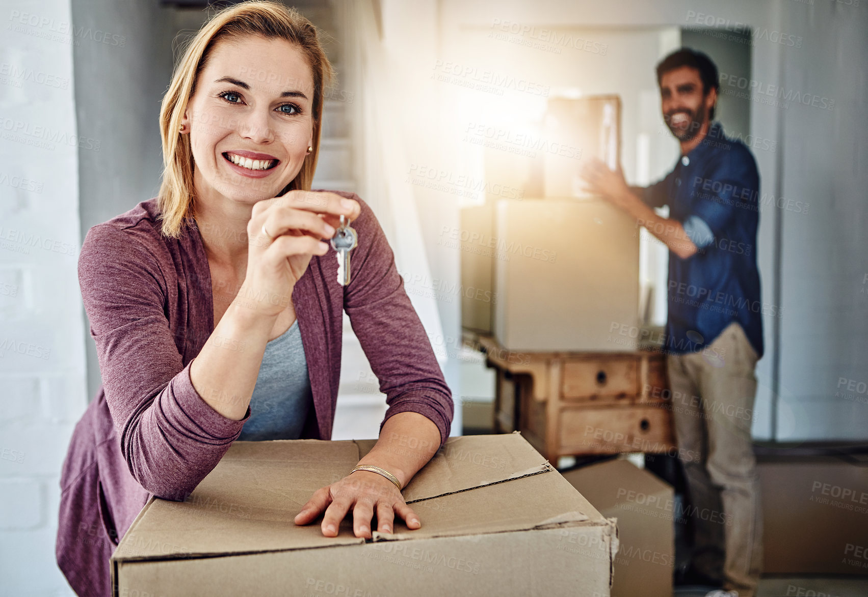 Buy stock photo Couple, moving and house with keys or box, property and  investment with trust and support or mortgage. Opportunity, new home and residential buyer, ownership together and achievement or relocation