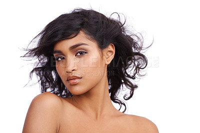 Buy stock photo Beauty, portrait and Indian woman in studio for hair, volume or growth, texture or results on white background. Face, attitude and calm female model relax with self care, shampoo or scalp treatment
