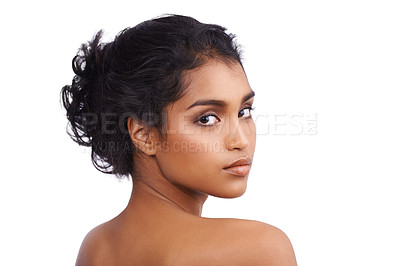 Buy stock photo Portrait, dermatology and Indian woman with beauty, luxury and girl isolated against a white studio background. Face detox, female person and model with salon treatment, confidence and spa grooming