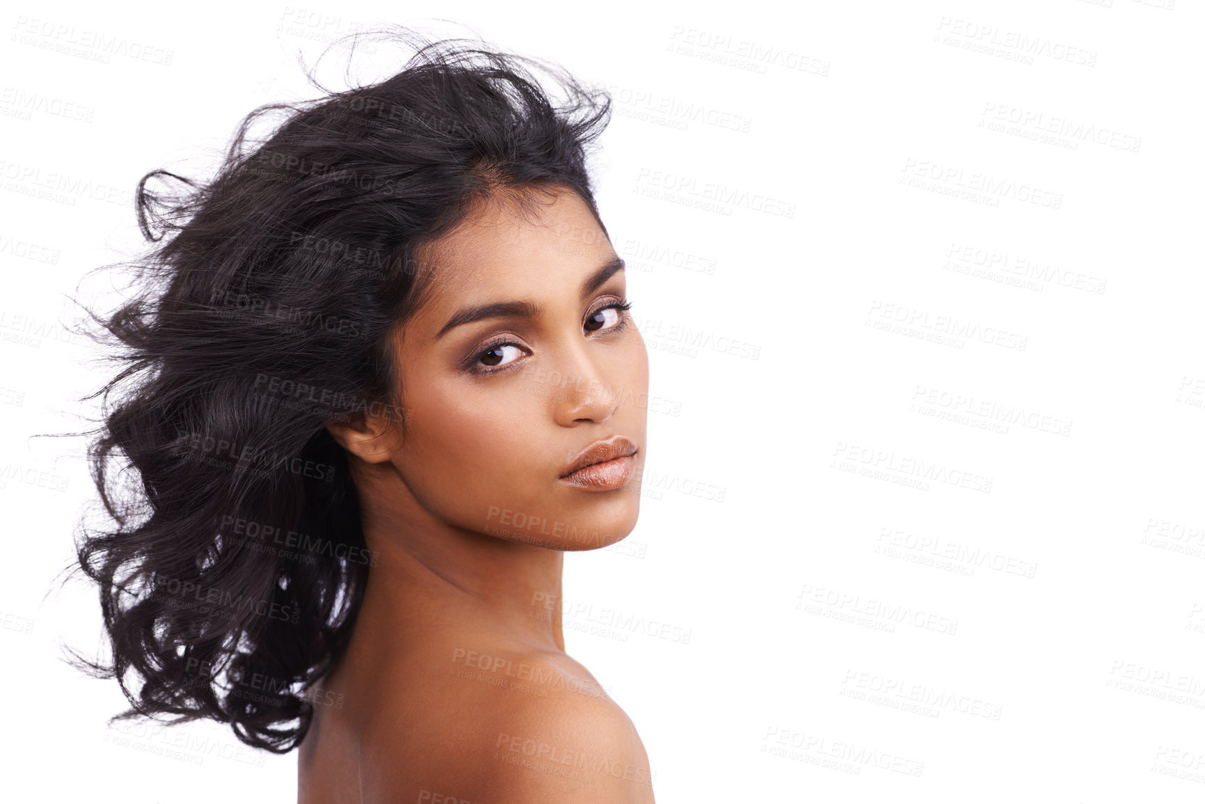 Buy stock photo Beauty, portrait and indian woman in studio with hair care from cosmetics in white background. Dermatology, skincare and calm model with healthy glow on skin from makeup or natural hairstyle mockup