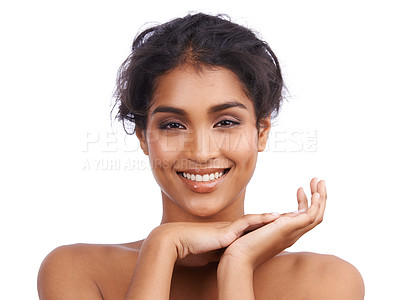 Buy stock photo Beauty, portrait and smile for Indian woman, skincare and happy on white background. Face, confidence and makeup or cosmetic for female model, hands and salon treatment  for dermatology in studio