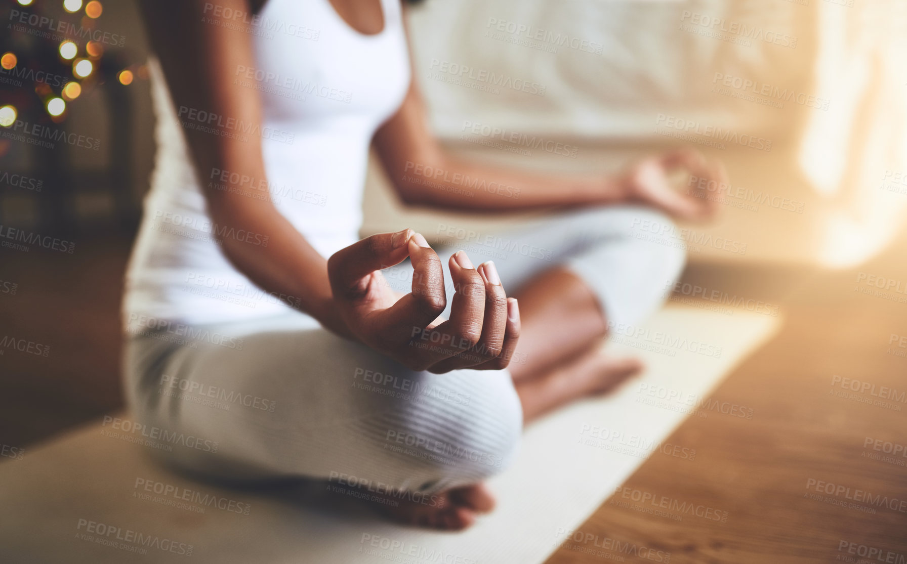 Buy stock photo Woman, hands and yoga in meditation for zen, spiritual wellness or healthy exercise on floor mat at home. Hand of calm female yogi in meditate for relax, mind and health in awareness for wellbeing