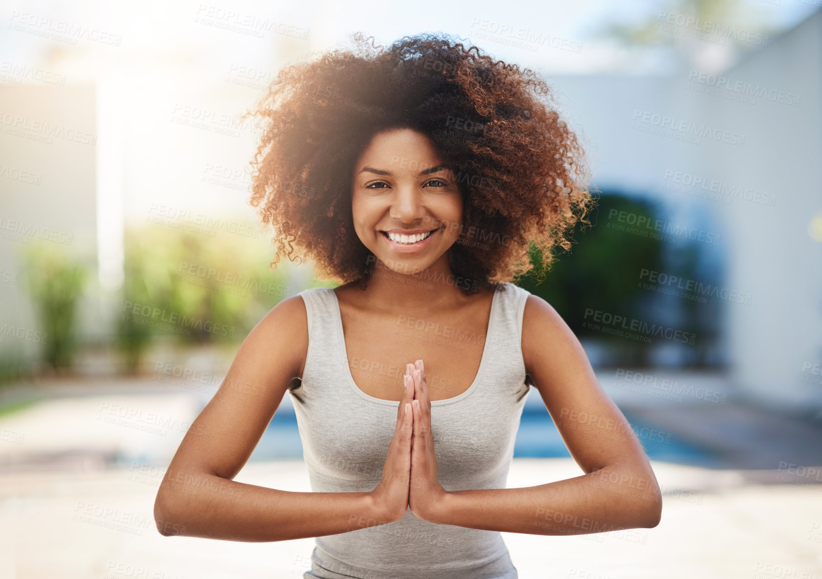 Buy stock photo Happy woman, portrait and yoga in meditation for zen, spiritual wellness or healthy exercise outdoors. Calm African female yogi with smile in meditate for training, mind or body in health and fitness