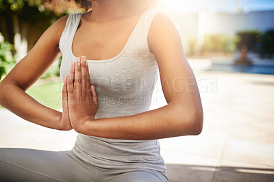 Buy stock photo Woman, hands and yoga in meditation for mindfulness, zen or spiritual wellness on floor mat outdoors. Hand of calm female yogi meditating for peaceful mind and awareness for healthy mental wellbeing