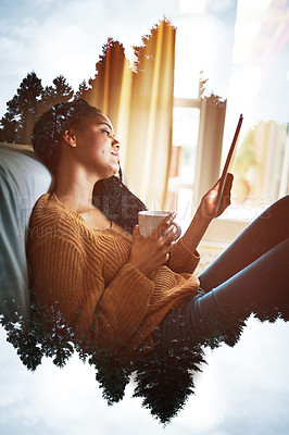 Buy stock photo Shot of a young woman using her tablet at home superimposed over a nature background