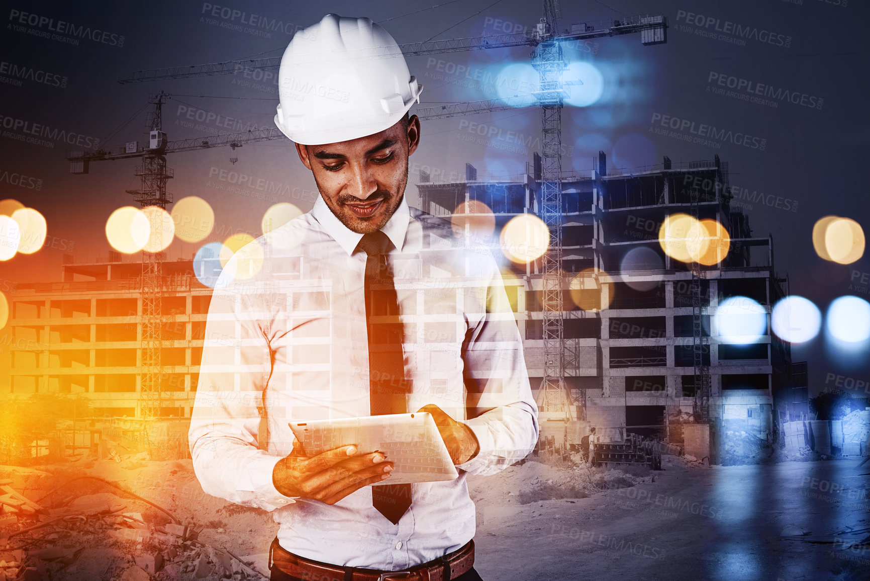 Buy stock photo Contractor, worksite overlay and tablet for management, city planning and urban development. Architect, bokeh and double exposure of man with internet research and industrial innovation for engineer