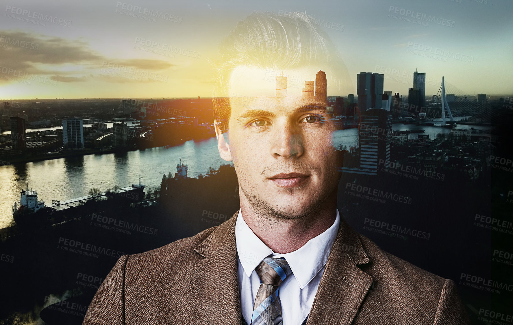 Buy stock photo Portrait of a confident young businessman superimposed over a cityscape