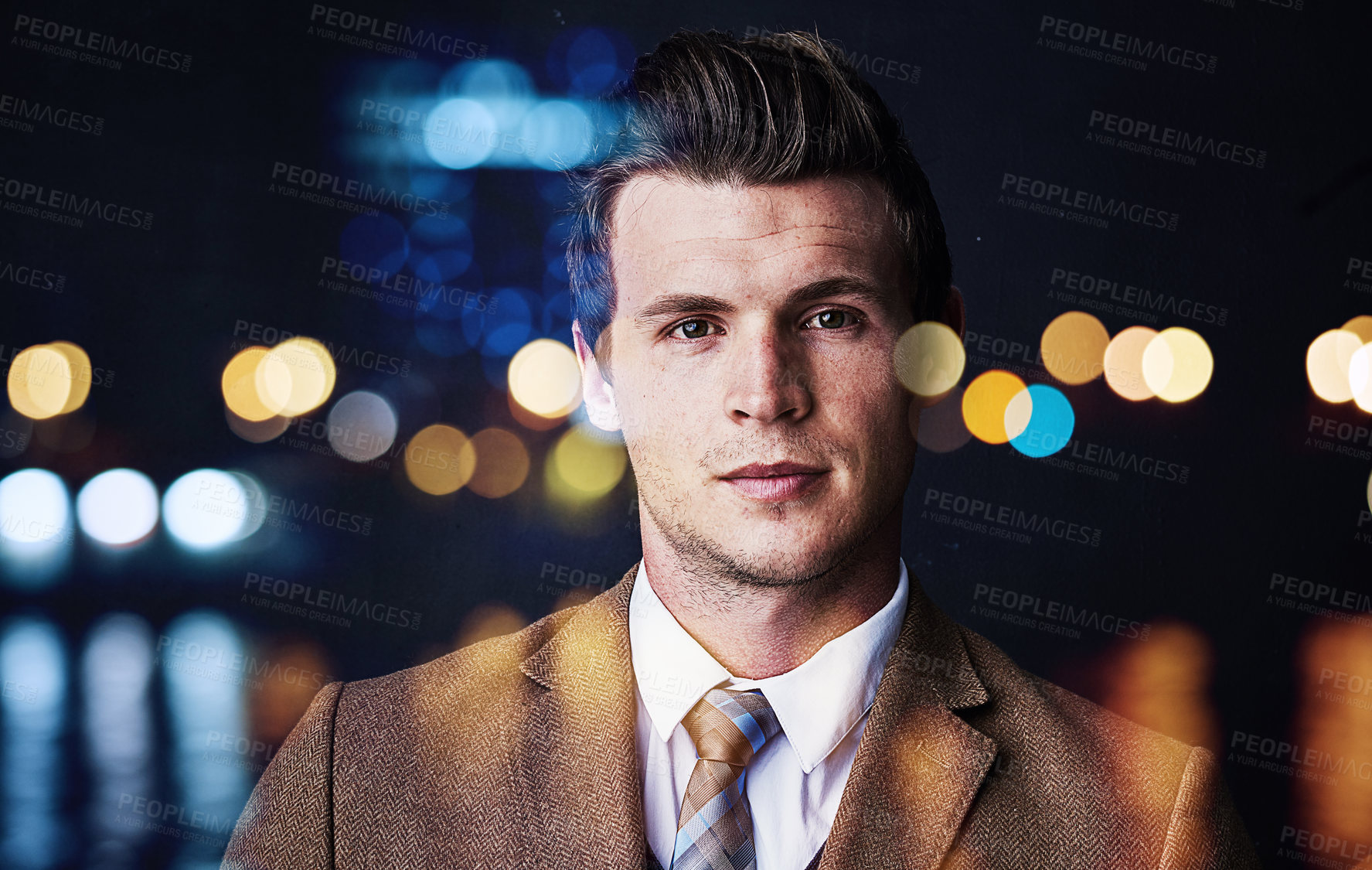 Buy stock photo Portrait of a confident young businessman superimposed over a defocussed cityscape