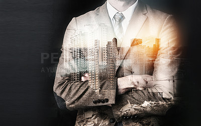 Buy stock photo Cropped shot of an unidentifiable businessman superimposed over a cityscape