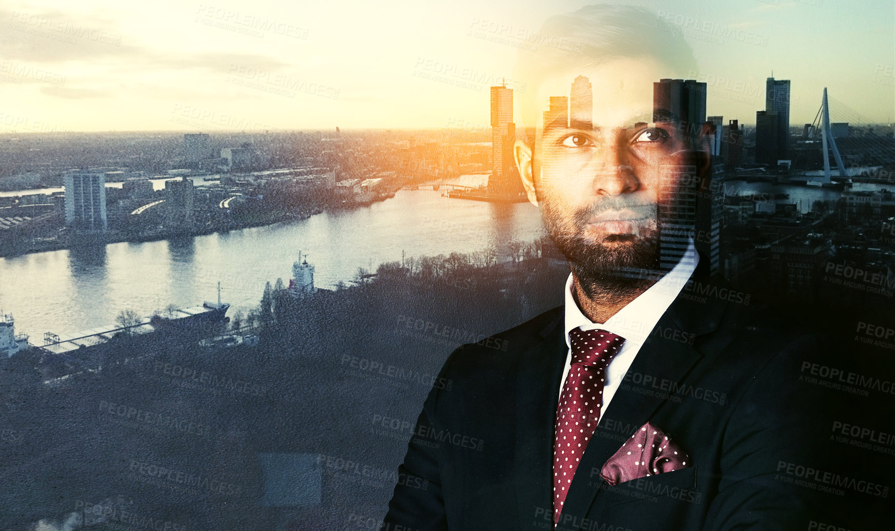 Buy stock photo Shot of a confident businessman superimposed over a cityscape