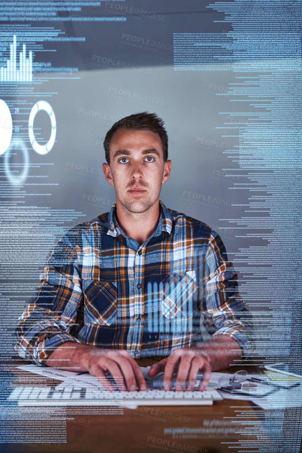 Buy stock photo Shot of a young programmer working at his computer with an overlay of computer graphics