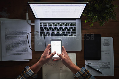 Buy stock photo Person, programming and laptop with phone in office with typing for mockup space, coding and software script. Top view, technology expert and employee hands with programmer, it developer and notes