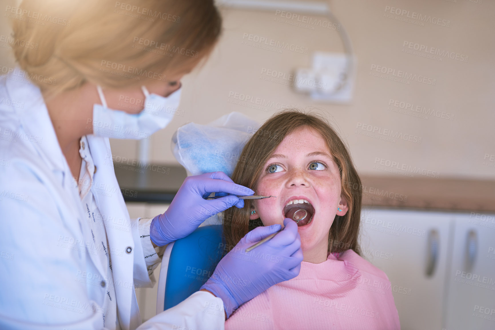 Buy stock photo Child, woman dentist and mouth checking with oral hygiene and teeth care with patient and dental exam. Toothache, tooth cleaning and medical help with kid doctor and dentistry tool for healthcare