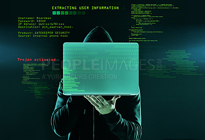 Buy stock photo Shot of an unidentifiable hacker holding up a laptop against a dark background