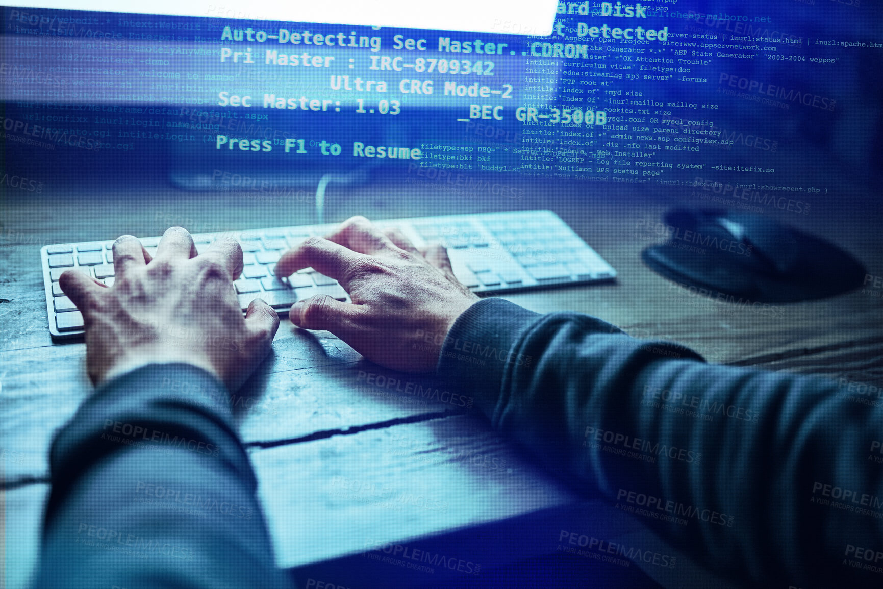 Buy stock photo Hands, hacker and cyber security, computer and online cybercrime. Data protection, overlay and digital code, person with network system for fraud and programming virus for internet web technology