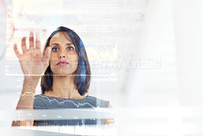 Buy stock photo Technology, glass board and business woman in office with stock exchange data, graphs and statistics. Trading, finance and female financial analyst working on digital touchscreen wall in workplace.