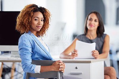 Buy stock photo Business, interview and woman in office with document, cv and man with human resources for contract agreement. Information, hiring and recruiting for professional job position, discussion and meeting