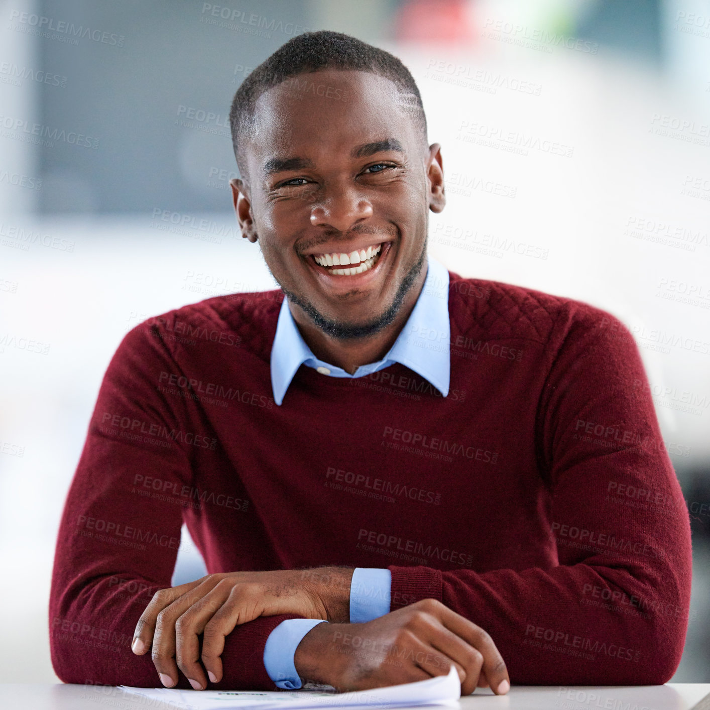 Buy stock photo Businessman, laughing and creative in office portrait, smile and designer career with African or black man. Leadership, company mission and startup development or entrepreneur, professional or growth