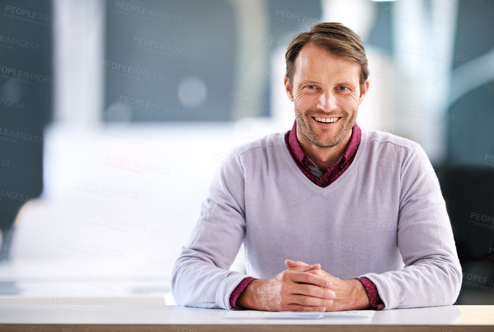 Buy stock photo Businessman, happy and creative in office portrait, smile and designer career with man and desk. Leadership, company development and startup mission or entrepreneur, workplace growth and professional