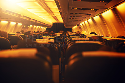 Buy stock photo Back, flight cabin and people for journey or travel and holiday with airplane for transportation. Commercial airline, passenger and boarding for vacation or adventure as tourists, trip or immigration