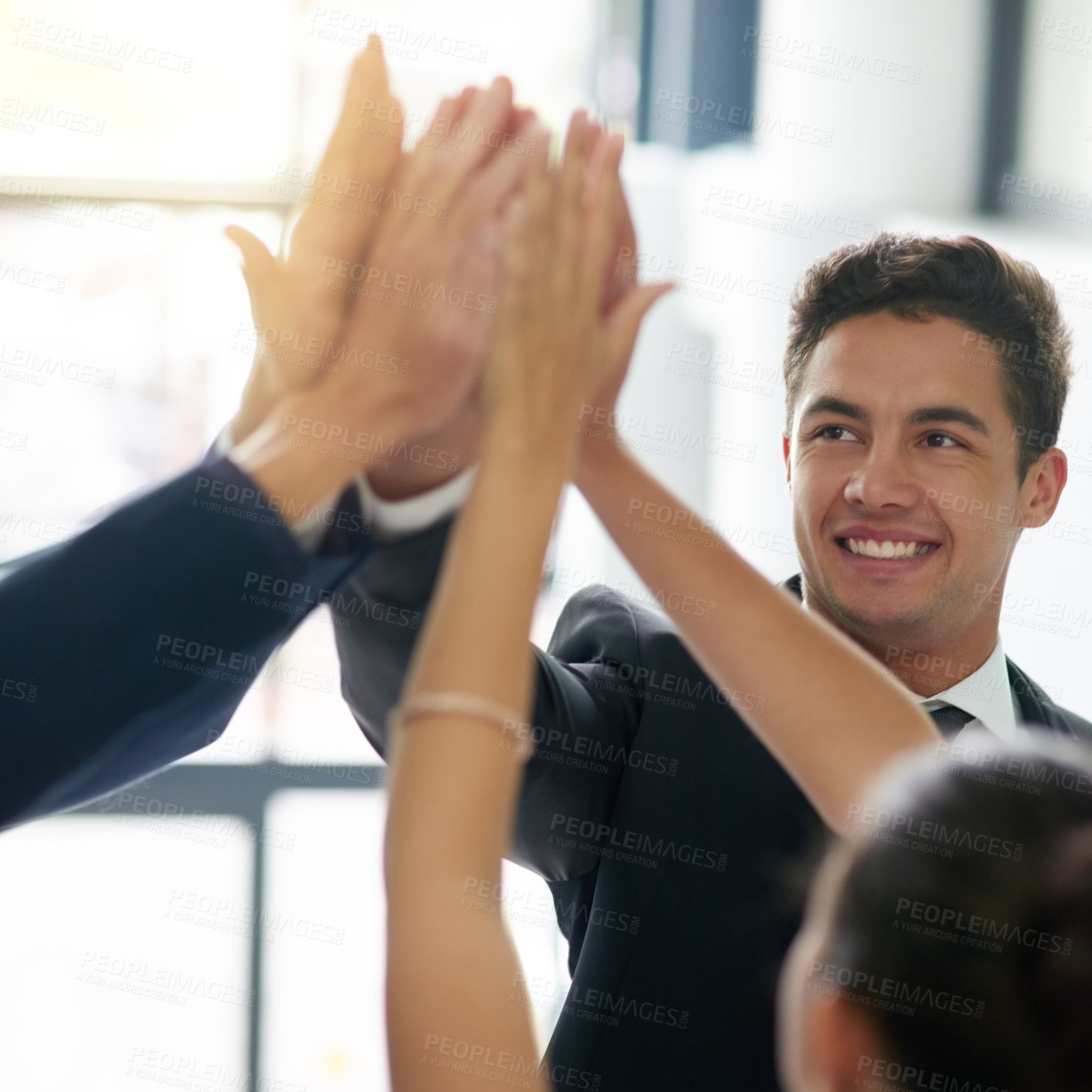 Buy stock photo Hands, teamwork or excited business people high five for mission, collaboration or group support. Goals, victory or happy employees in meeting for sales deal, achievement target or success together