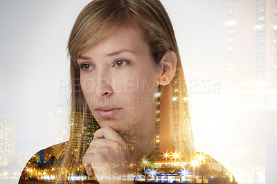 Buy stock photo Multiple exposure shot of a thoughtful young businesswoman superimposed over a cityscape