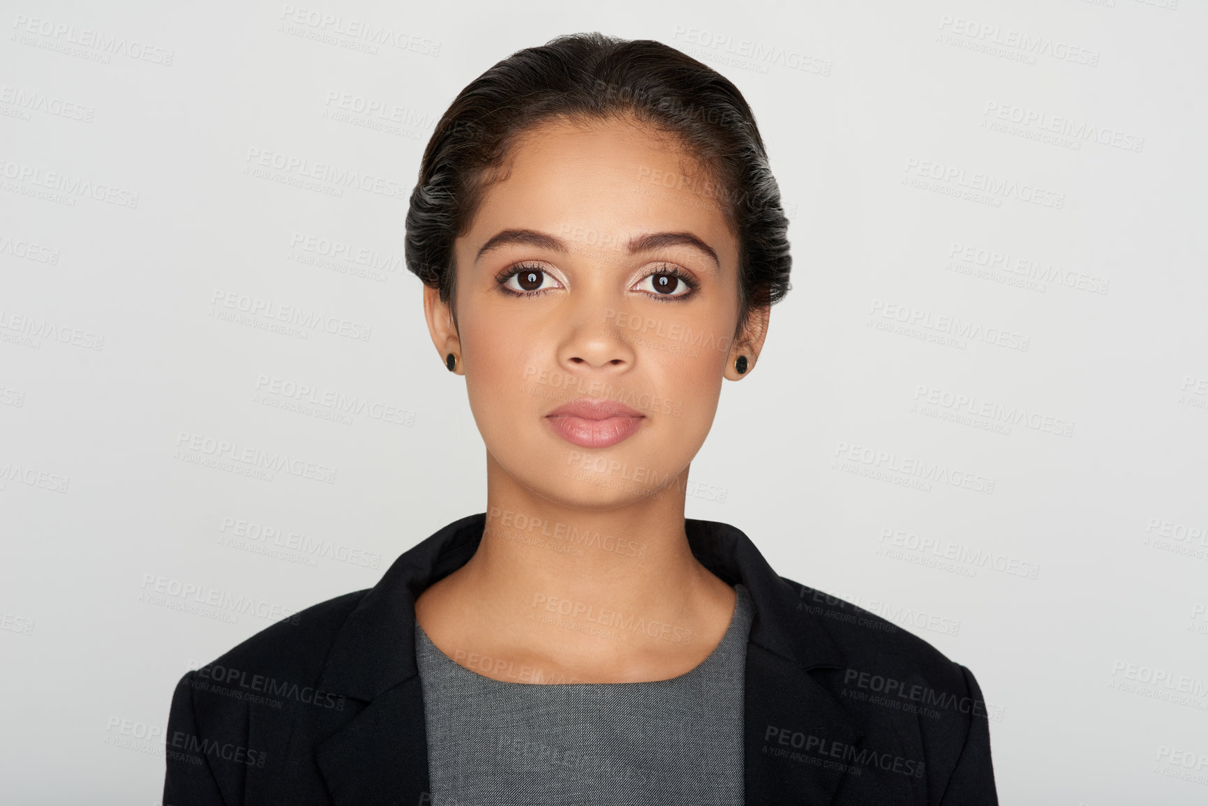 Buy stock photo Serious, lawyer and portrait of business woman in studio with company pride, confidence and professional. Corporate, legal consultant and face of person for career, work and job on white background