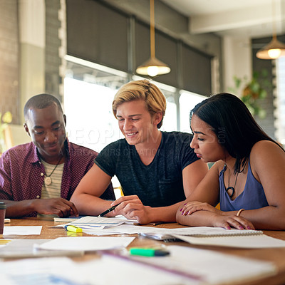 Buy stock photo Student, friends and university notes at cafe with group, education and exam study for learning. College research, restaurant and smile of young people with school project and paperwork for test