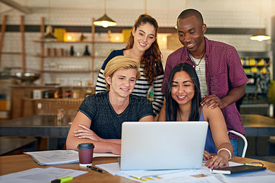 Buy stock photo Laptop, people and group with studying in cafe for university education, knowledge and support. Happy, students and friends with smile by table for elearning, collaboration and teamwork for project