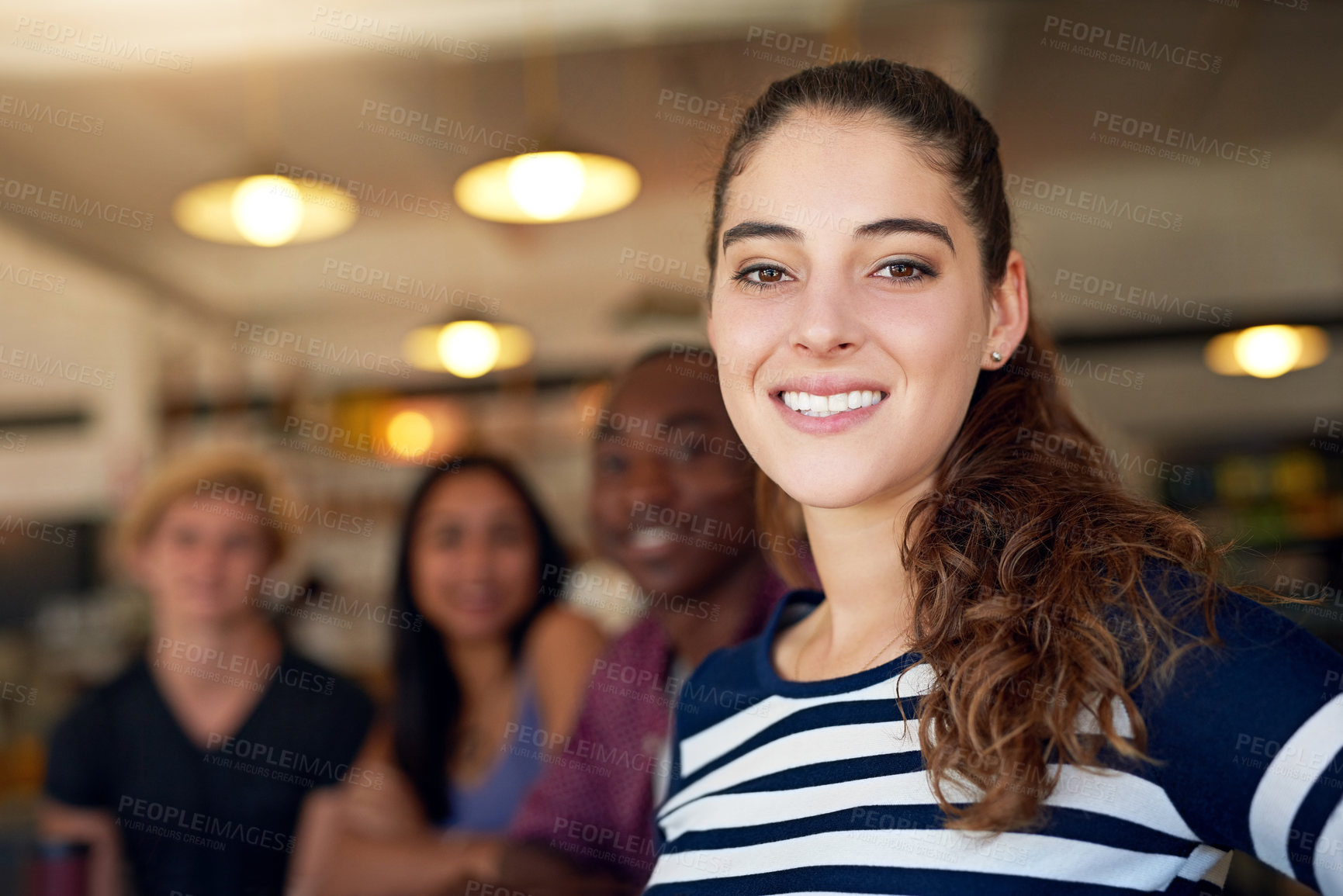 Buy stock photo Portrait, friends and students in cafe, smile and happiness with weekend break, lunch or conversation. Teamwork, face or men with women, cheerful or cooperation with university, education or chilling