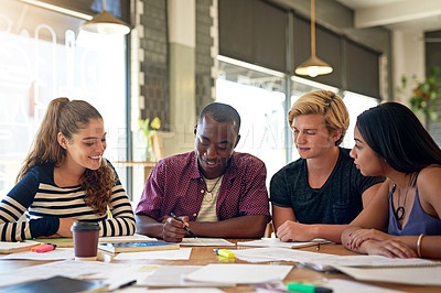 Buy stock photo Student, writing and university notes at cafe with group, education and exam study for learning. College research, restaurant and smile of young people with school project and paperwork for test