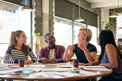 Buy stock photo Students, talking and university notes at cafe with group, education and exam study for learning. College research, restaurant and smile of young people with school project and paperwork for test