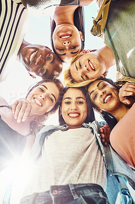 Buy stock photo Diversity, team portrait and low angle of happy friends outdoor together for support, unity or solidarity in summer. Face, people and community of students in group, circle and connection at college