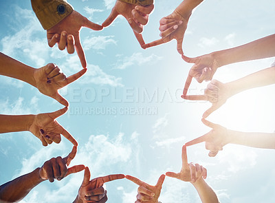 Buy stock photo Peace, star and hands of friends on blue sky background with support, collaboration and solidarity. V sign, fingers shape of people outdoor for community, goal and social happiness, voice or union