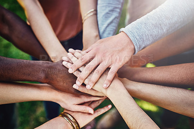 Buy stock photo Teamwork, hands and above friends outdoor for partnership, collaboration and goal motivation. Team building, top view and person with fingers in support of mission, strategy and community with trust