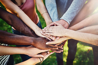 Buy stock photo Hands, diversity and friends at a park for teamwork, partnership and volunteering mission from above. Top view, people and hand support by volunteer group outdoor for community, charity and activism