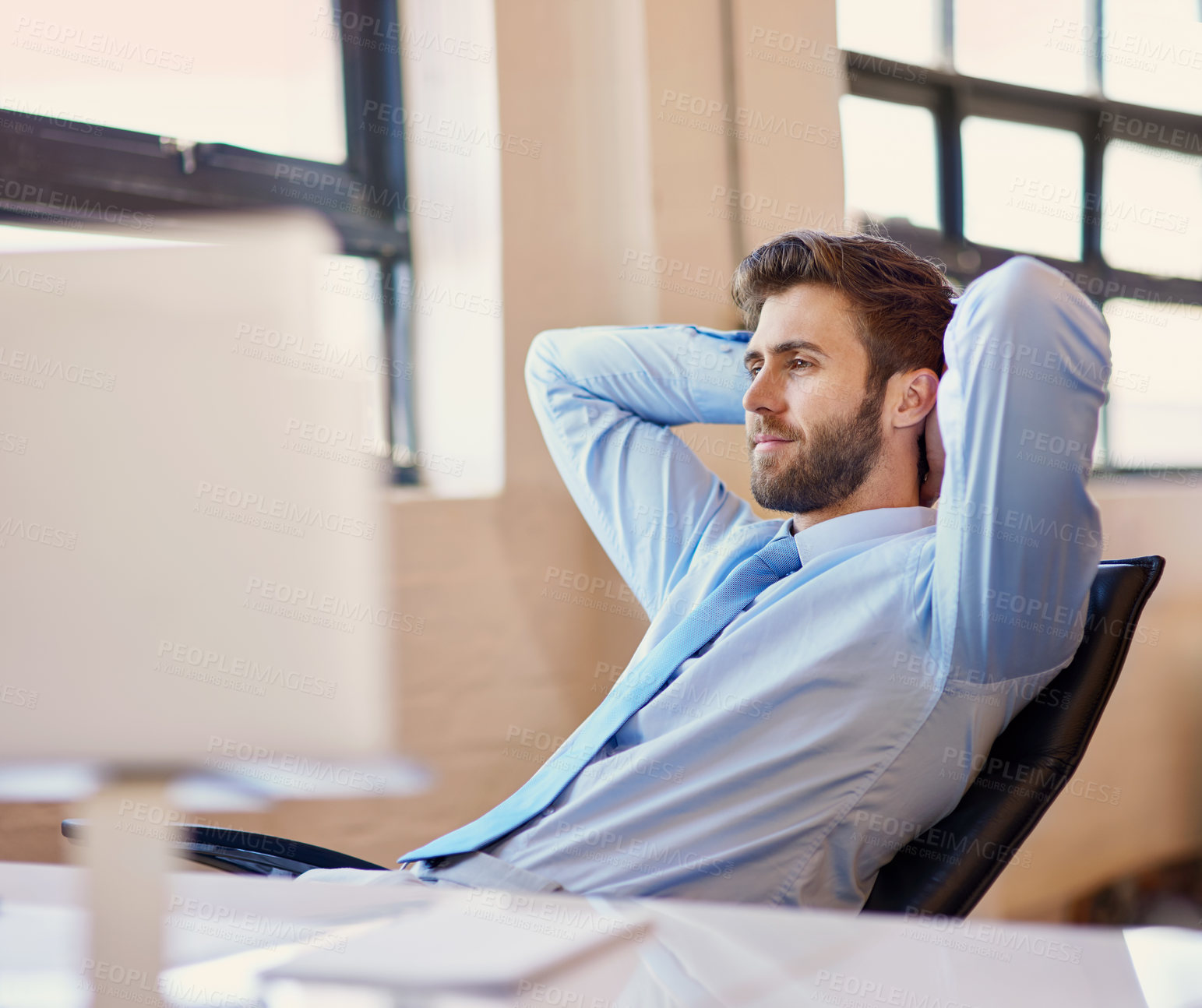 Buy stock photo Businessman, relax and stretching in chair in office for break, comfortable and thinking by desk with smile. Professional, employee and happy with pride for project inspiration, productivity and done