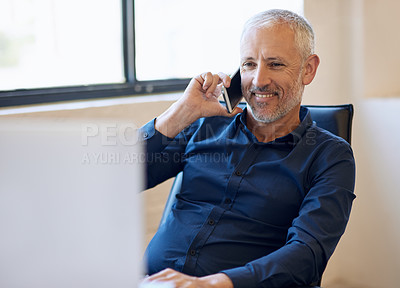 Buy stock photo Business, senior businessman on phone call and computer at desk in office. Corporate, social networking or communication with smartphone and mature man on cellphone talking on phone with pc at work
