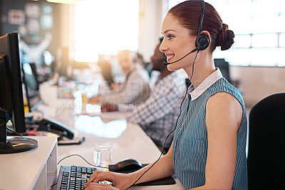 Buy stock photo Call center, telemarketing and woman doing an online consultation in a office with a headset. Crm strategy, contact us and female customer support representative working on computer in the workplace.