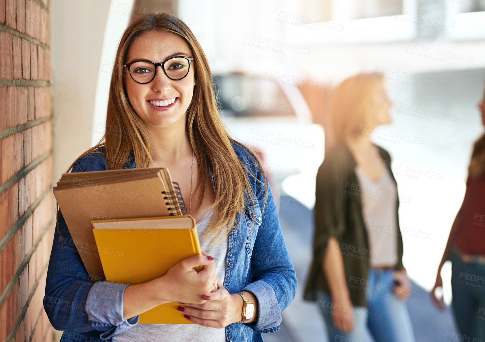 Buy stock photo University student, portrait and books at college on campus or learning education, studying or scholarship. Female person, face and smile in building for future knowledge or project, academy or pupil