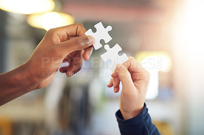 Buy stock photo Hands, puzzle and people collaboration for company, together and support for planning. Partnership, cooperation and problem solving for project development, group mission and unity for teamwork