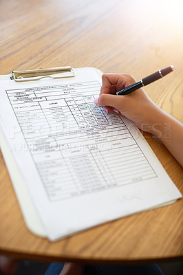 Buy stock photo Checklist, paper and person hands with application for business contract, budget loan and signature by desk. Woman, form or document for company audit with compliance assessment and insurance policy