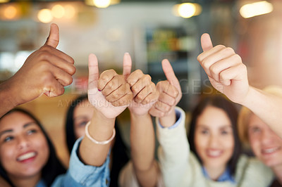 Buy stock photo People, cooperation or thumbs up with support, agreement or icon with celebration, thank you and sign. Group, employees or diversity with staff, collaboration or like with symbol, emoji or coworkers