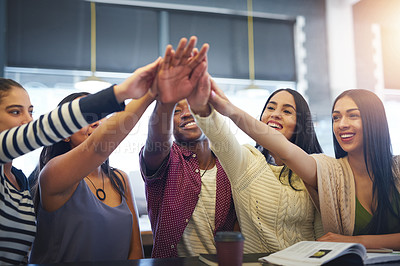 Buy stock photo High five, teamwork or happy people in startup with goal, group mission or funding success celebration. Partnership, staff or excited designers in office for winning motivation or solidarity together